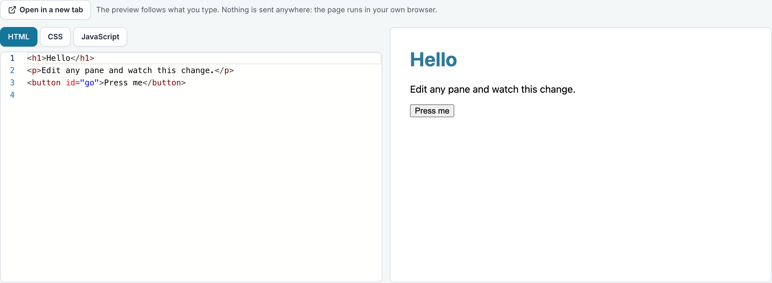 A web page task: the HTML, CSS and JavaScript panes beside the page they draw